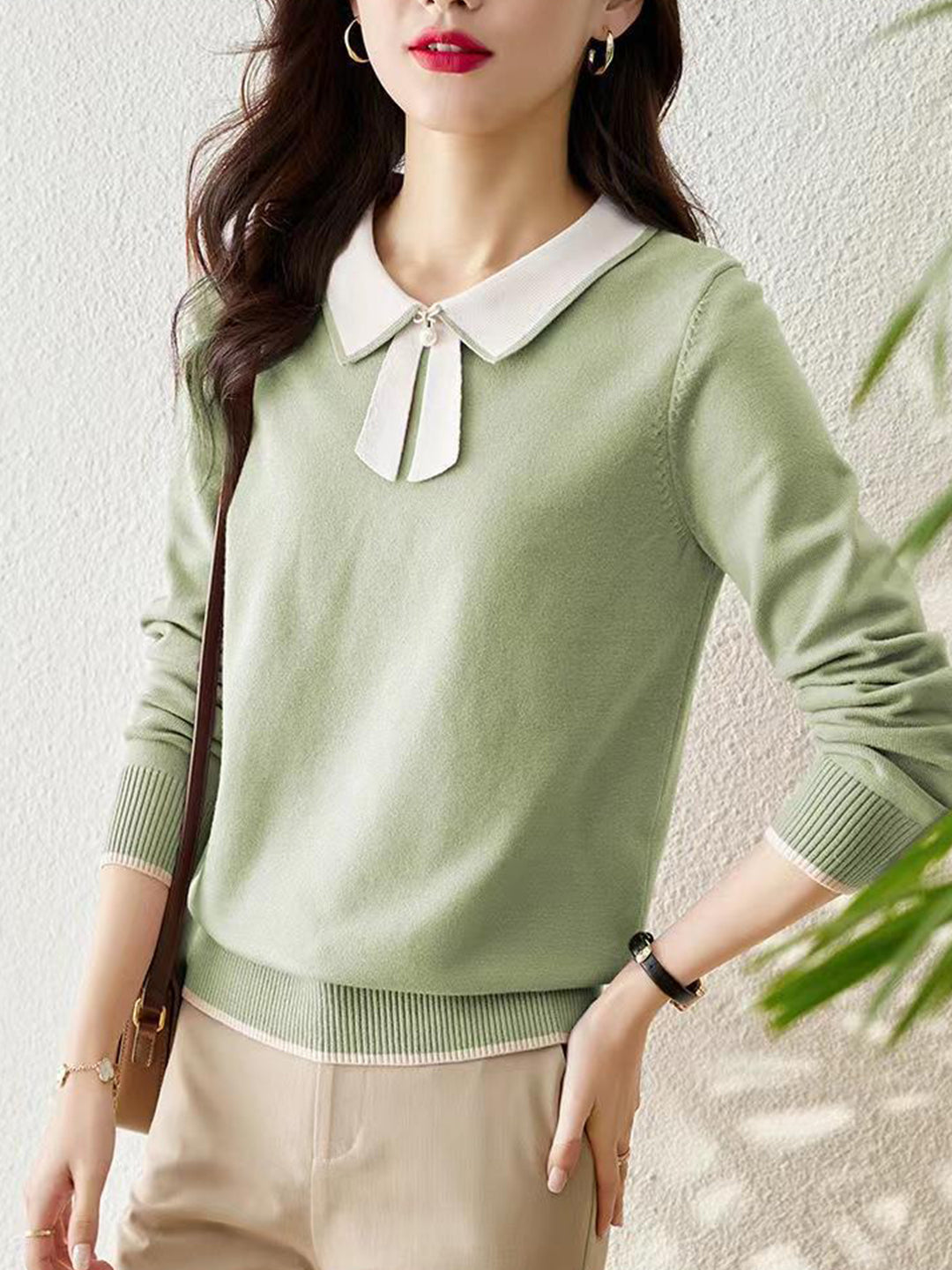 Dana French Style Contrast Color Lapel Knitted Sweater