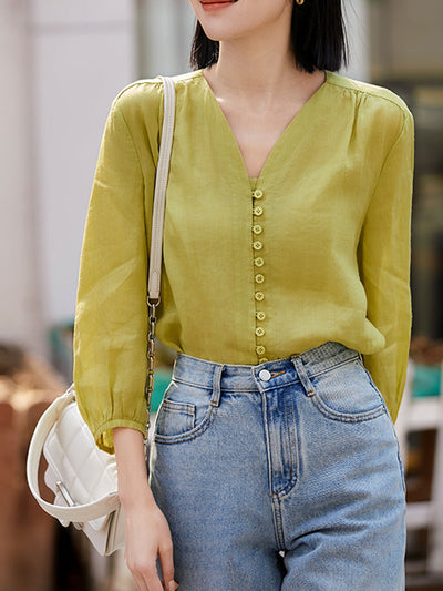 Molly Elegant Puff Sleeve Loose Shirt-Green