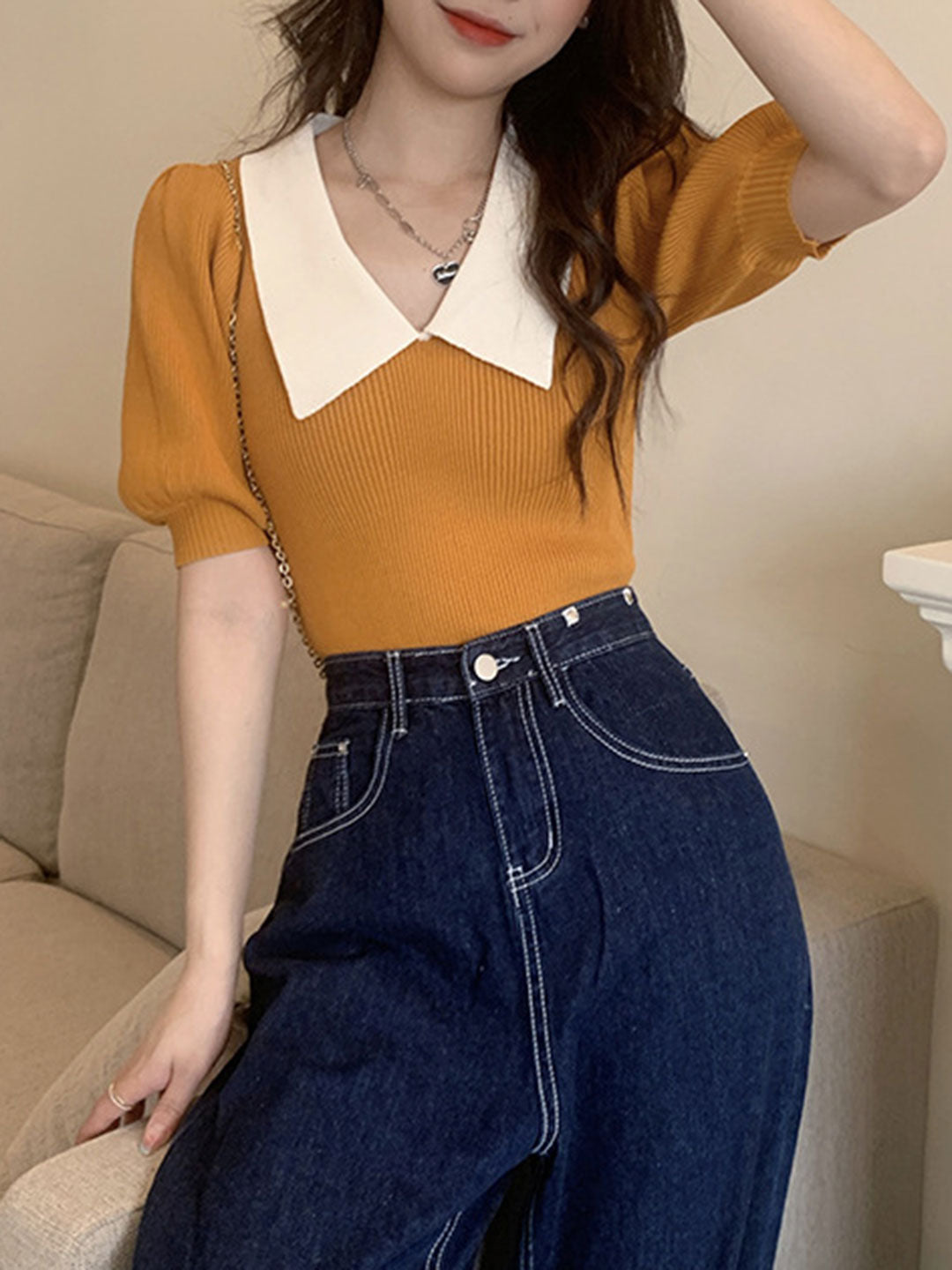 Alexis Retro Lapel Puff Sleeve Knitted Tops-Yellow