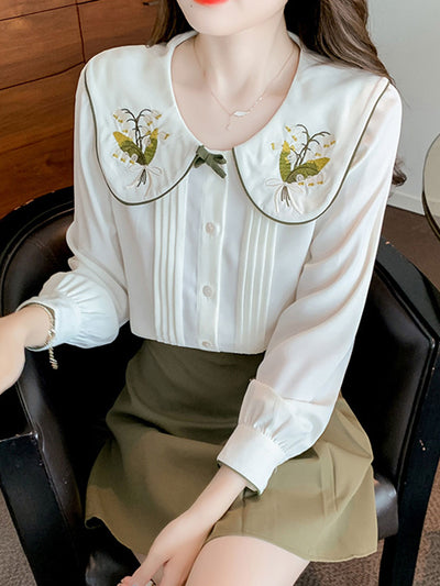 Gemma Vintage Style Doll Collar Embroidery Lapel Bow Tie Shirt