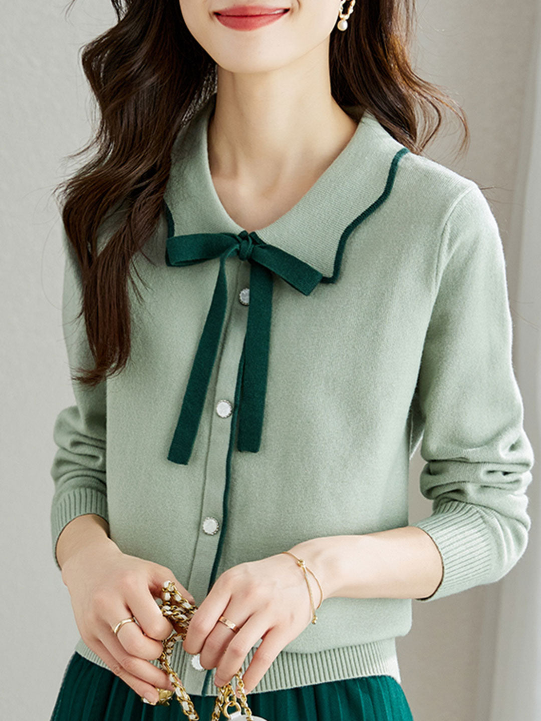 Jamie Vintage Style Contrast Color Lapel Green Sweater