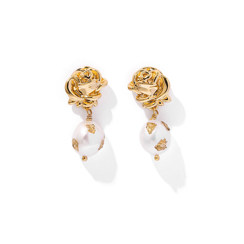 Luxury Gold Foil Natural Real Pearl Rose Earrings