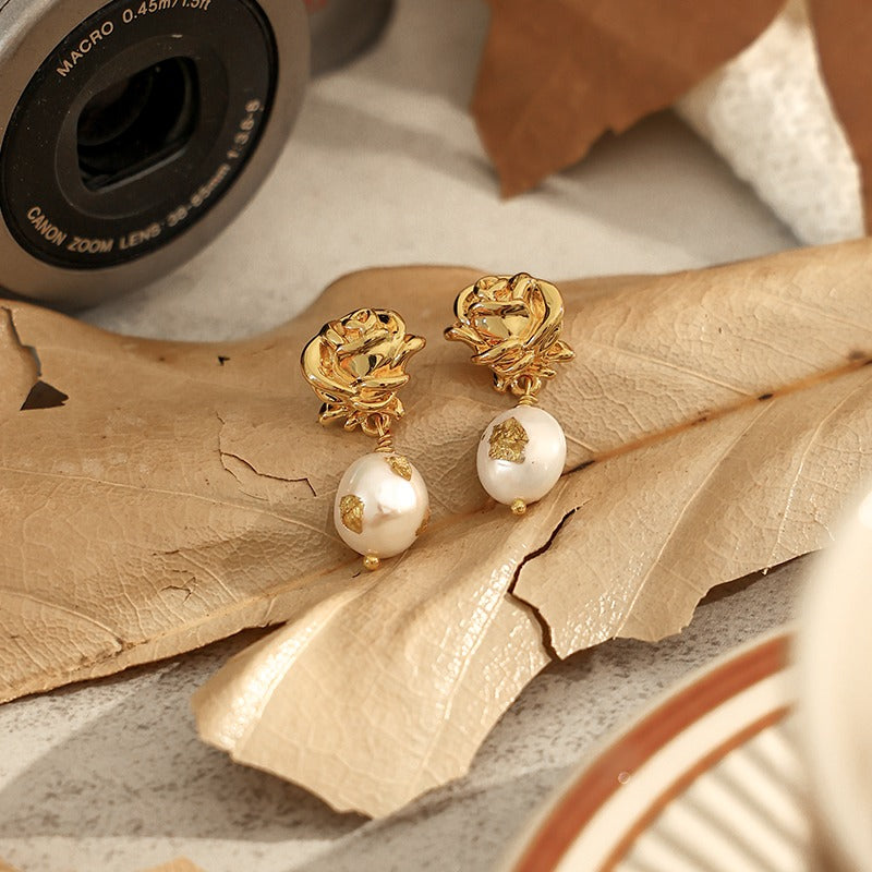 Luxury Gold Foil Natural Real Pearl Rose Earrings
