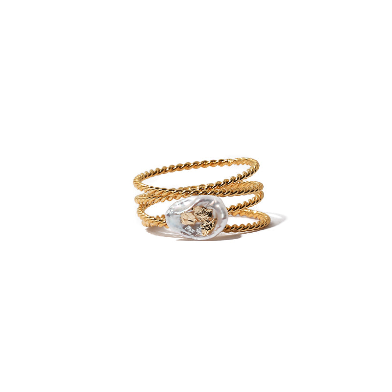 Baroque Gold Foil Natural Real Pearl Multilayer Ring