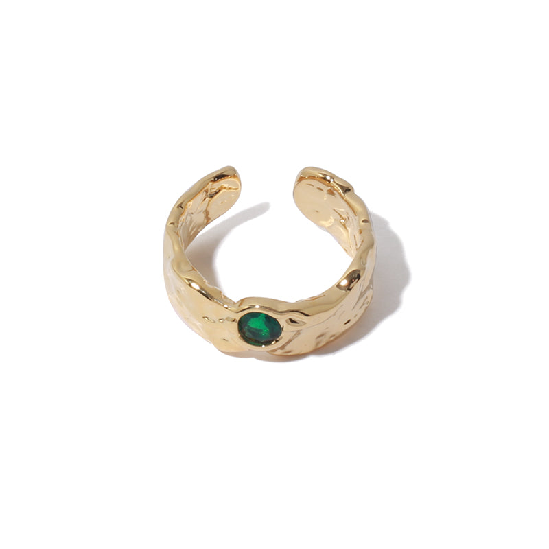Vintage Emerald Textured Zircon Inlaid Lava Open-end Ring