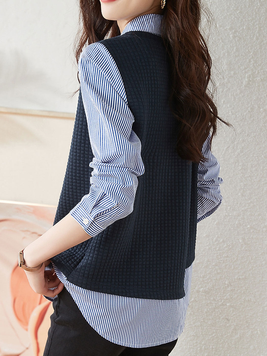 Layla Classic Lapel Paneled Striped Irregular Shirt