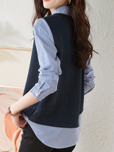 Layla Classic Lapel Paneled Striped Irregular Shirt