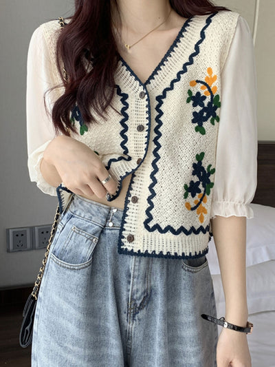 Ava Casual Puff Sleeve Embroidered Hollow Top-Blue