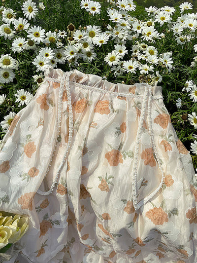 Katherine Vintage Floral Pleated A-line Skirt With Pearl Straps