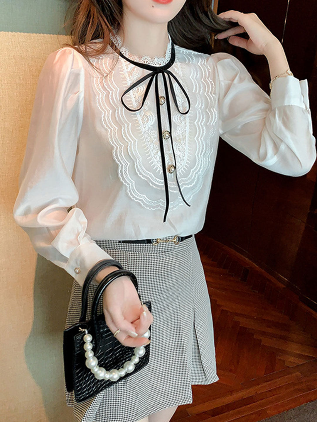 Hilary French Style Lace Stitching Tie Shirt