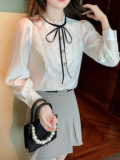 Hilary French Style Lace Stitching Tie Shirt