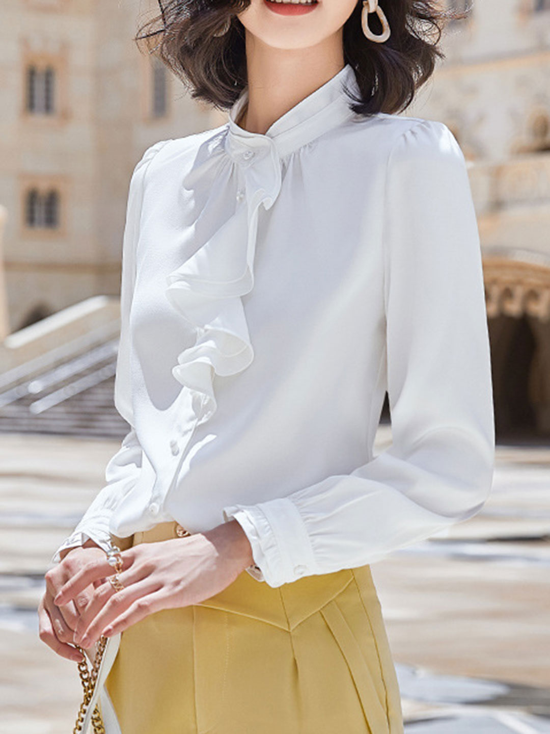 Trinity Elegant Chiffon Ruffle Collar Shirt Top-White