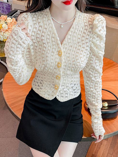 Lauren French Style V-neck Puff Sleeve Lace Blouse