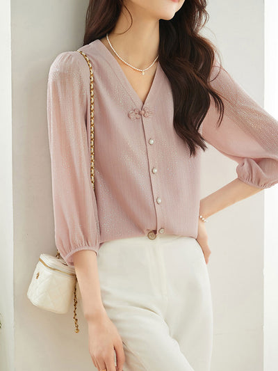 Camila Elegant Puff Sleeve Chiffon Blouse-Blue