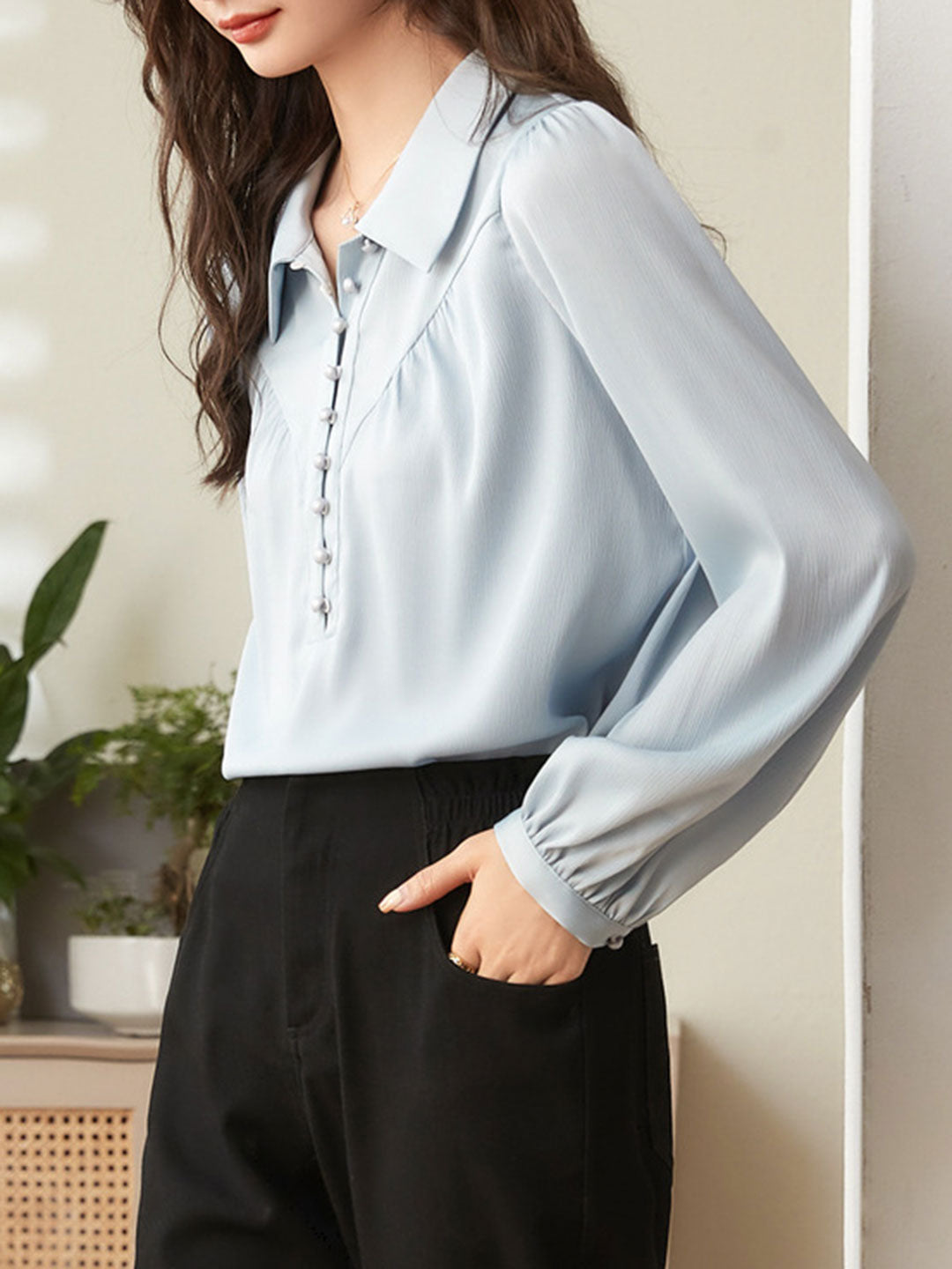 Valeria Casual Lapel Collar Pleated Chiffon Shirt-Yellow