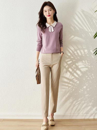 Dana French Style Contrast Color Lapel Knitted Sweater