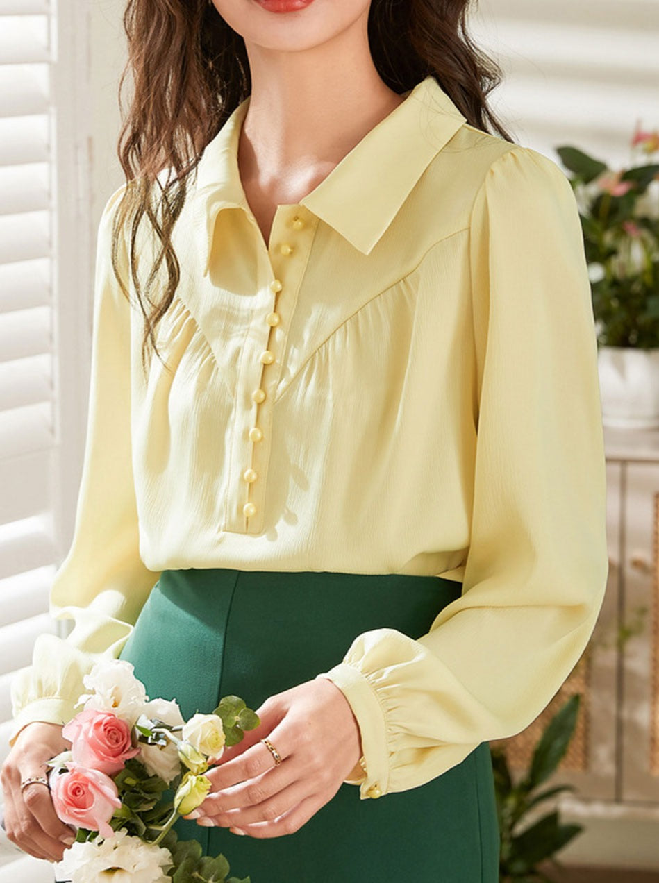 Valeria Casual Lapel Collar Pleated Chiffon Shirt-Yellow