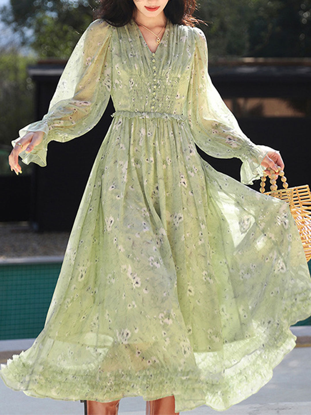 Camila Paneled Flare Sleeve Floral Dress-Long