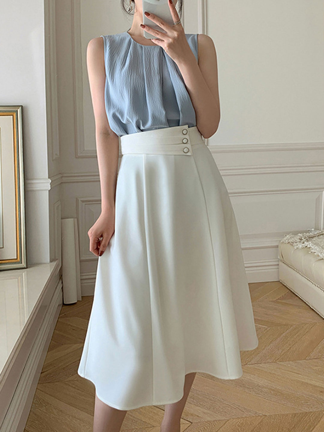 Elizabeth Retro High Waist A-Line Pleated Skirt-White