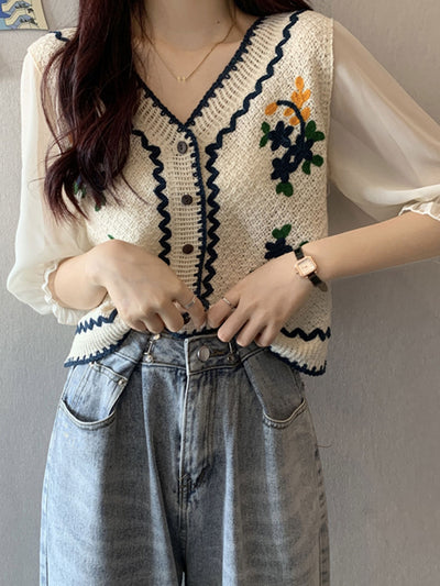 Ava Casual Puff Sleeve Embroidered Hollow Top-Blue