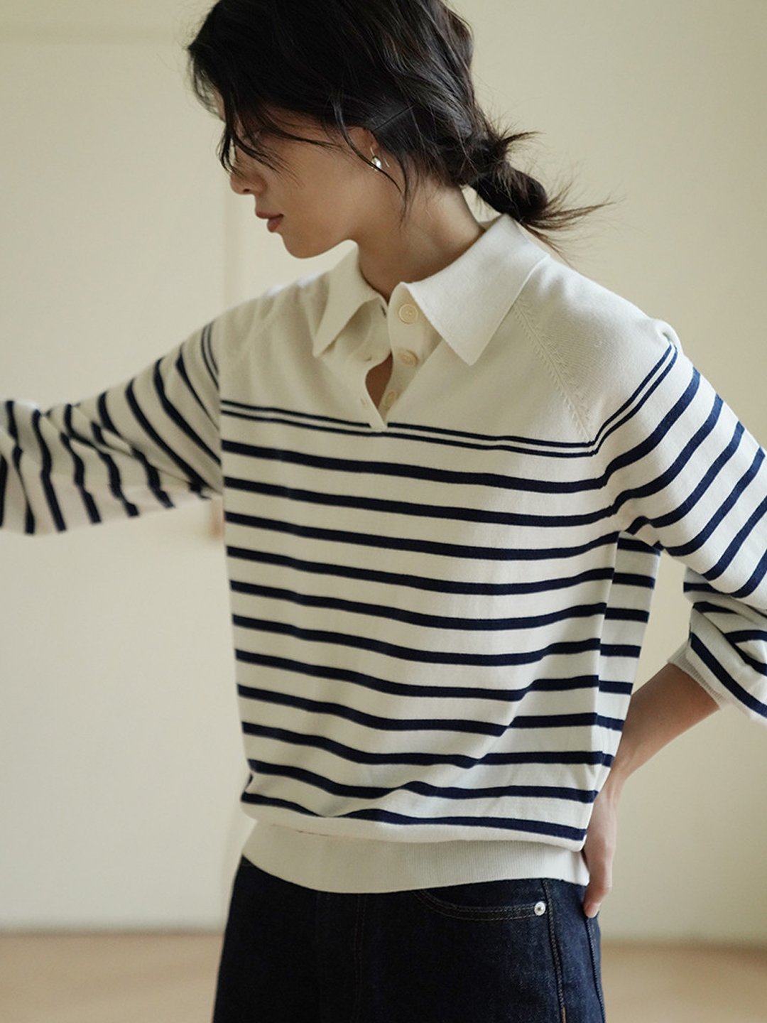 Edana Retro Polo Casual Striped Knit Sweater