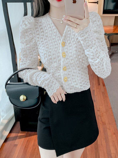 Lauren French Style V-neck Puff Sleeve Lace Blouse