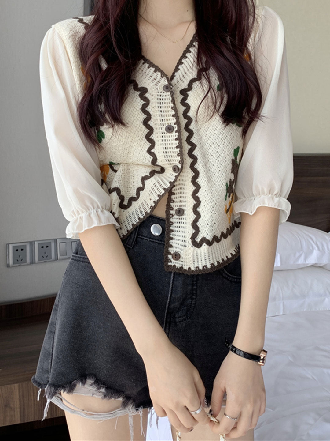Ava Casual Puff Sleeve Embroidered Hollow Top-Coffee