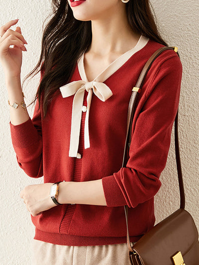 Fanny Casual Contrast Color  V-neck Knitted Sweater