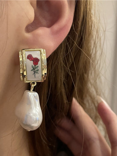 Retro Baroque Pearl Rose Flower Luxury Earrings