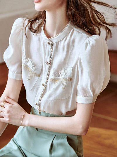 Sarah Elegant Puff Sleeve Embroidered Blouse