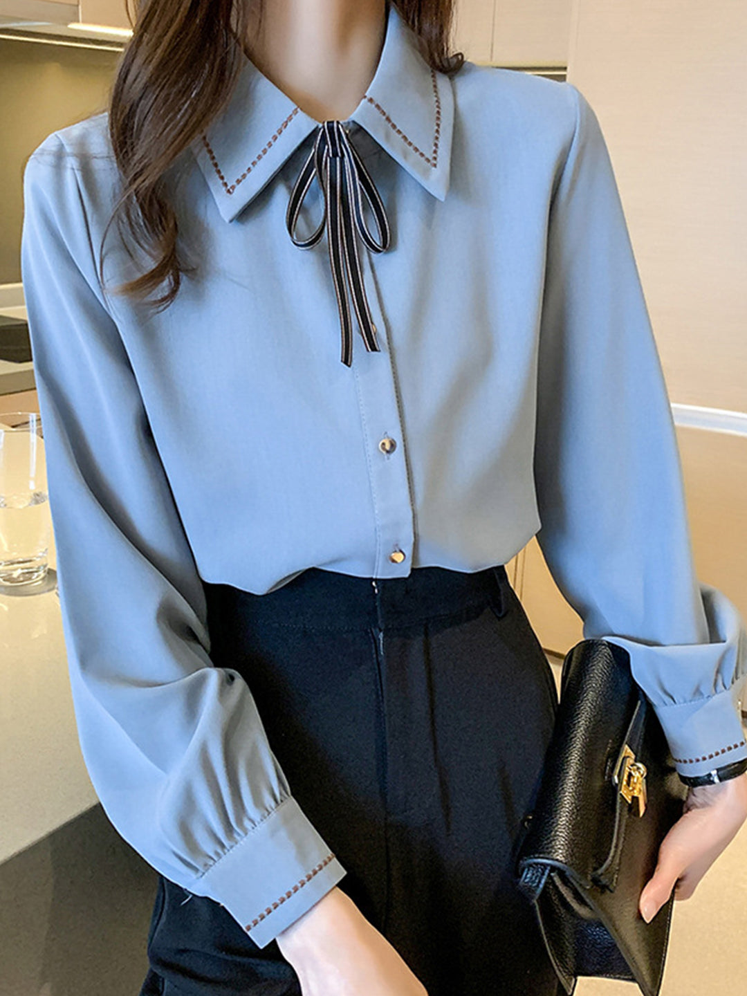 Elizabeth French Style Chiffon Bow Tie Lapel Blouse Shirt