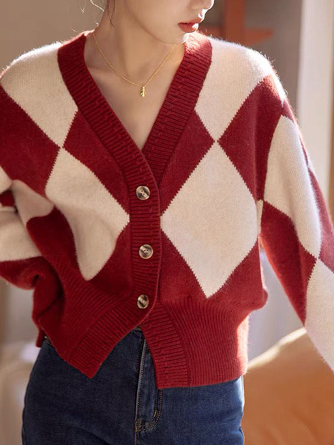 Alyssa French Style V-Neck Red Knit Cardigan
