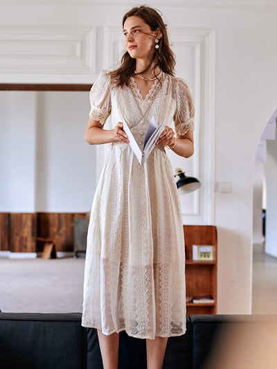 Ava Elegant Slim Waist Puff Sleeve Pearl Button Lace Dress