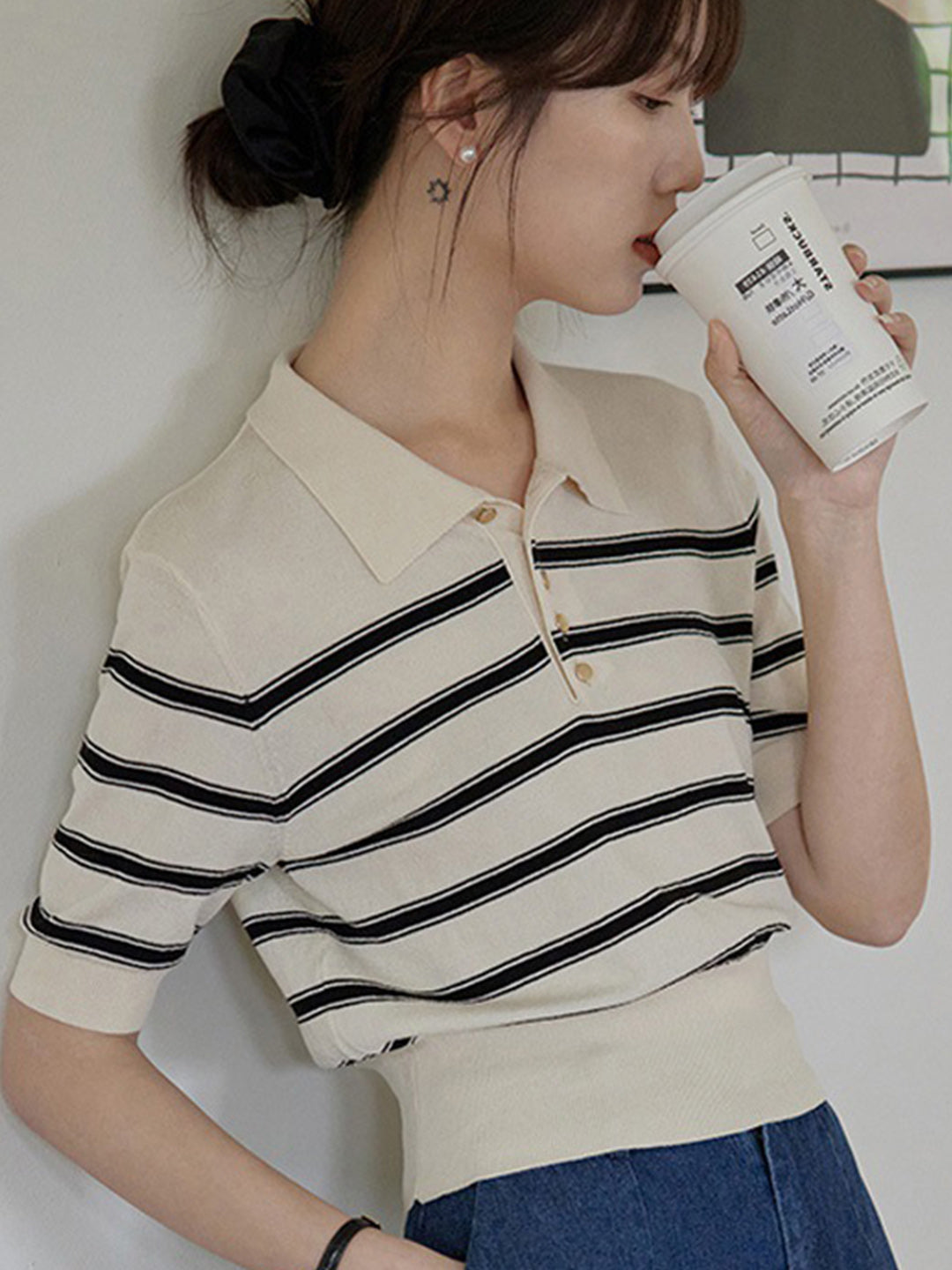 Sophia French Style Polo Neck Striped Knitted Top