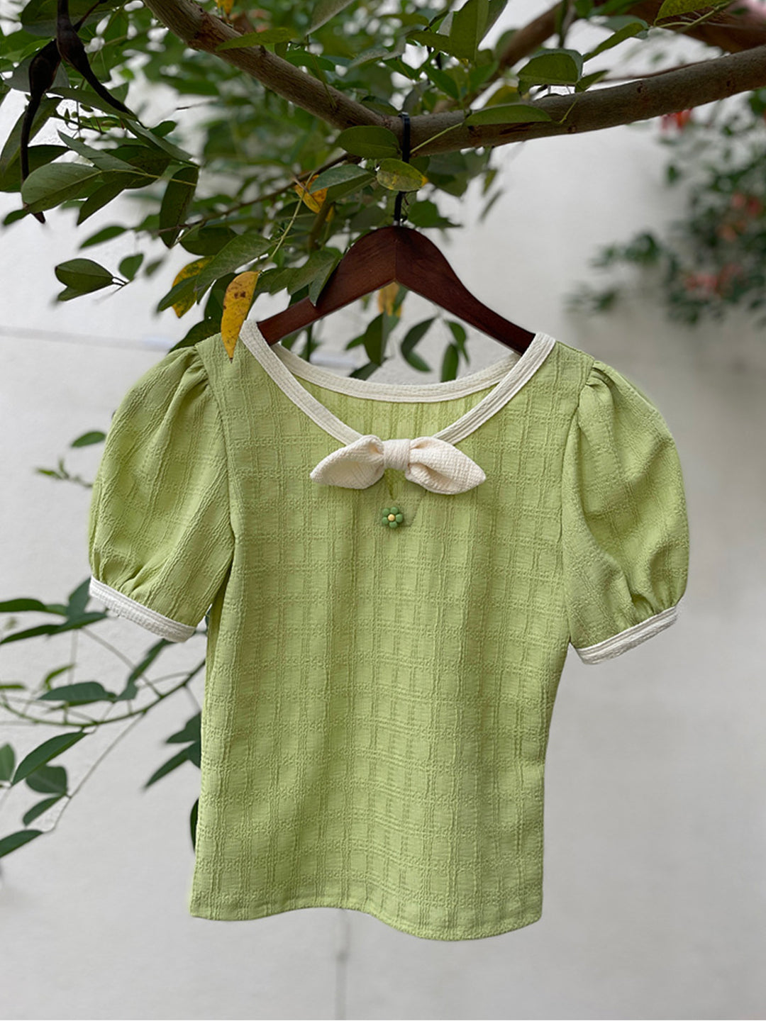 Kaylee French Avocado Green Color French Bow Vintage Top