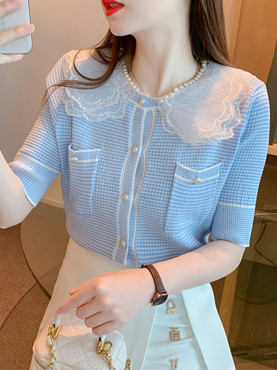 Emily Classic Pearl Lace Stitching Embroidery Tops-Blue
