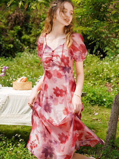 Grace French Retro Smudged Printed Waist Dress
