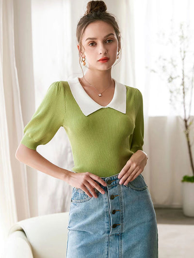 Alexis Retro Lapel Puff Sleeve Knitted Tops-Green