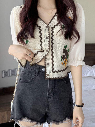 Ava Casual Puff Sleeve Embroidered Hollow Top-Coffee