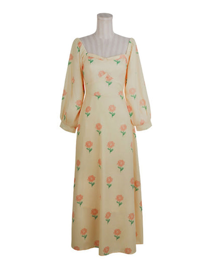 Eva Vintage Puff Sleeve Sunflower Dress