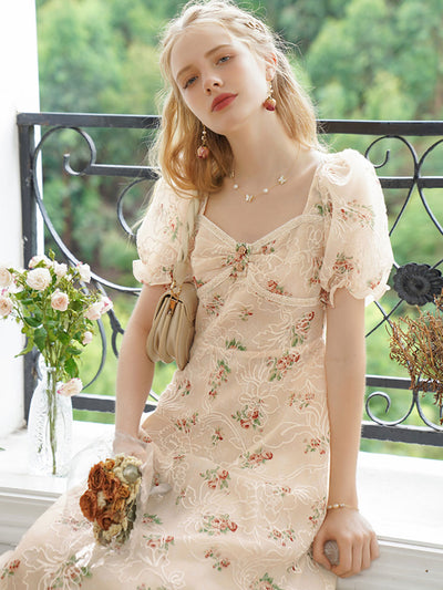 Samantha Vintage Embroidered Square Neck Floral Dress