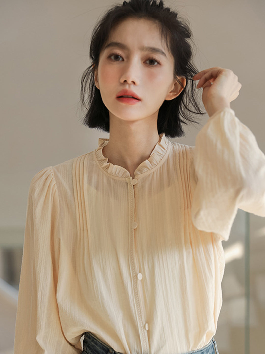 Alva Vintage Style Puff Sleeves Apricot Blouse