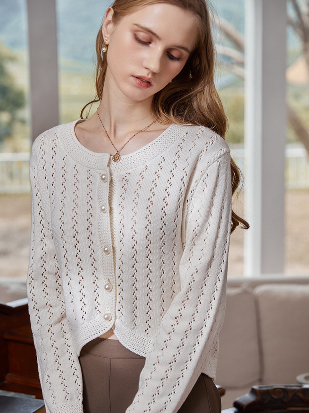 Althea Hollow Classic Knit Cardigan-White