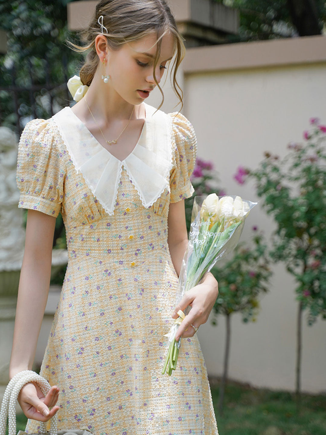 Ashley Retro Doll Collar Plaid Floral Dress