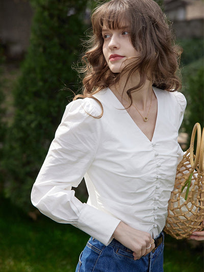 Jasmine Elegant V-Neck Puff sleeve Top-White