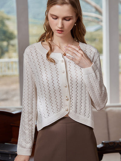 Althea Hollow Classic Knit Cardigan-White