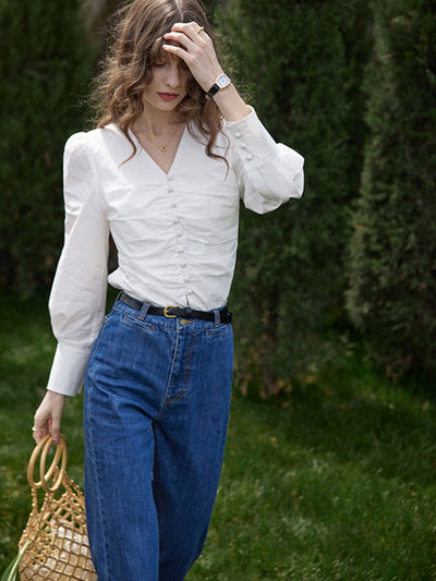 Jasmine Elegant V-Neck Puff sleeve Top-White