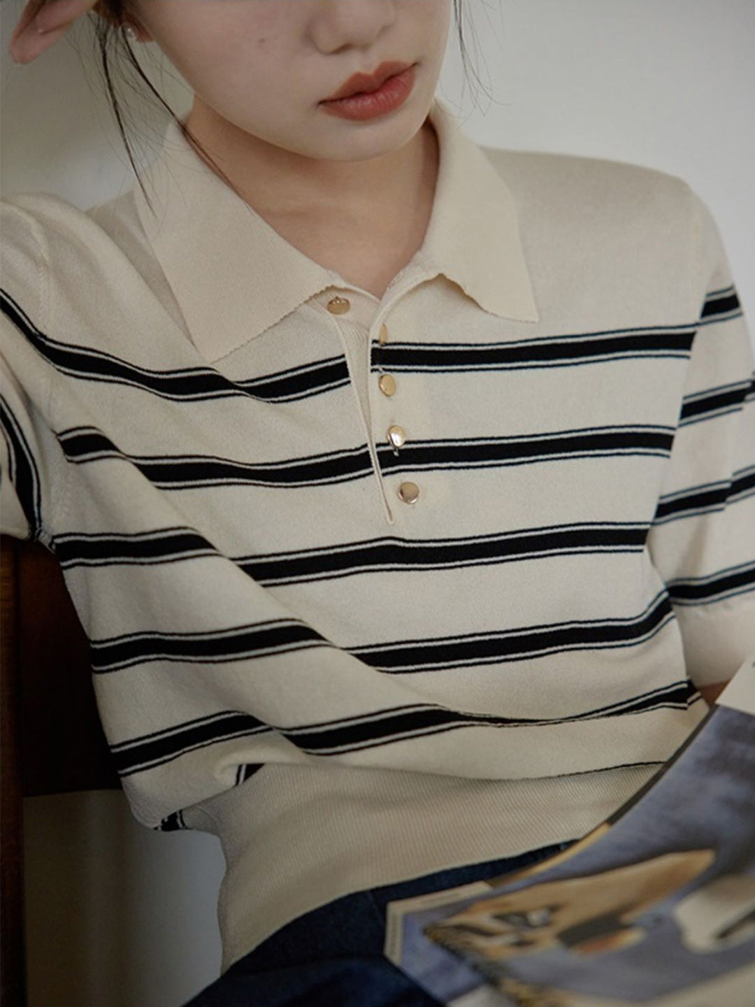 Sophia French Style Polo Neck Striped Knitted Top