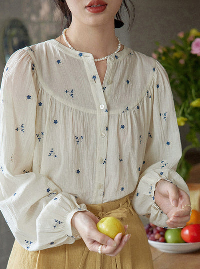 Alma French Embroidered Print Long Sleeve Shirt