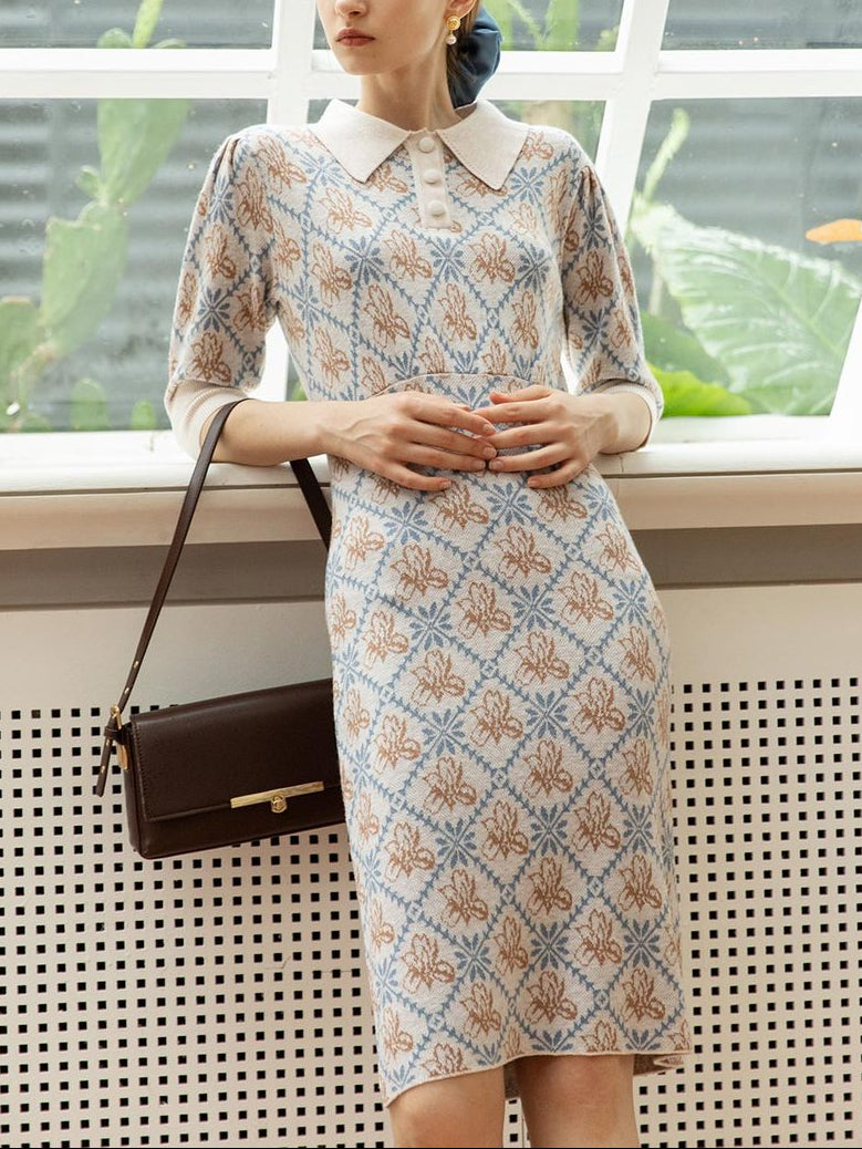 Retro Pullover Knitting Midi Dress-Light Beige